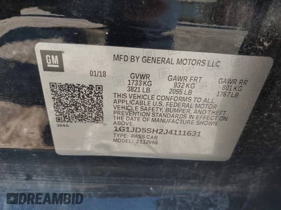 2018 Chevrolet Sonic LT z VIN 1G1JD5SH2J4111631, wystawiony jako IAAI lot #42873623 z przebiegiem 106 612 mil mil oraz . Historia ofert i sprzedaży dostępna na DreamBid. Obrazek 9.