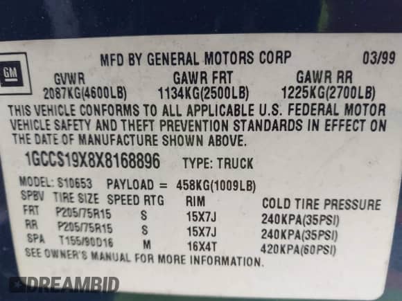 1999 Chevrolet S-10 LS z VIN 1GCCS19X8X8168896, wystawiony jako IAAI lot #41485780 z przebiegiem 218 436 mil mil oraz . Historia ofert i sprzedaży dostępna na DreamBid. Obrazek 9.