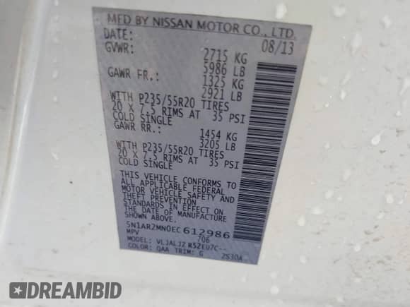 2014 Nissan Pathfinder S z VIN 5N1AR2MN0EC612986, wystawiony jako IAAI lot #42664428 z przebiegiem 175 984 mil mil oraz . Historia ofert i sprzedaży dostępna na DreamBid. Obrazek 9.