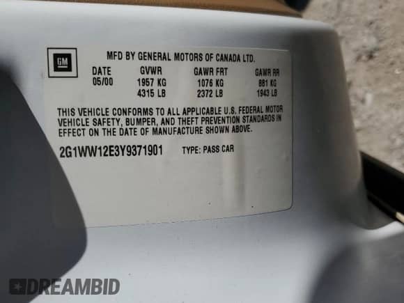 2000 Chevrolet Monte Carlo LS with VIN 2G1WW12E3Y9371901, listed as a Copart auction lot 77623904 with Not provided miles and Salvage title. Bid and sale history available at DreamBid. Image 14.