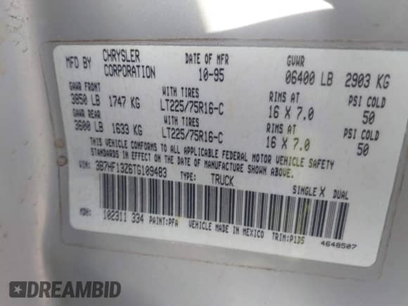 1996 Dodge 1500 z VIN 3B7HF13Z6TG109483, wystawiony jako IAAI lot #42765925 z przebiegiem 370 502 mil mil oraz . Historia ofert i sprzedaży dostępna na DreamBid. Obrazek 9.