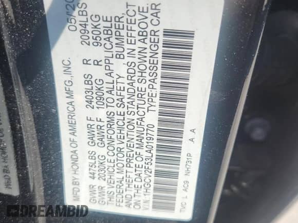 2020 Honda Accord EX-L with VIN 1HGCV2F53LA019770, listed as a Copart auction lot 71733515 with 101,651 mi miles and Salvage title. Bid and sale history available at DreamBid. Image 12.