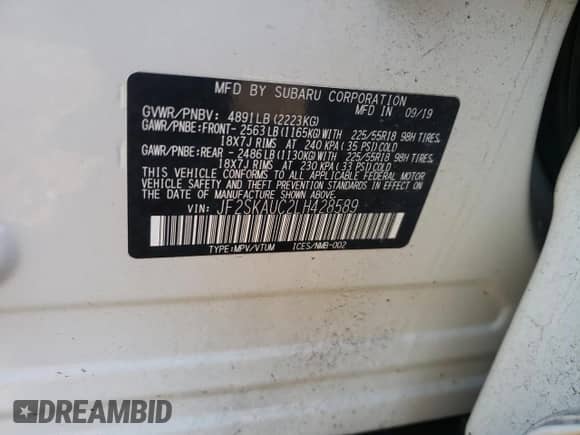 2020 Subaru Forester Limited с VIN JF2SKAUC2LH428589, выставлен на аукционе Copart как лот 87087315 с пробегом 67 888 миль миль и Списание • Salvage title. История ставок и продаж доступна на DreamBid. Изображение 12.