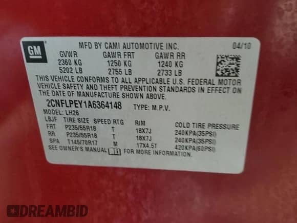 2010 Chevrolet Equinox 2LT with VIN 2CNFLPEY1A6364148, listed as a Copart auction lot 63156415 with 167,961 mi miles and Salvage title. Bid and sale history available at DreamBid. Image 13.