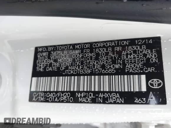 2015 Toyota Prius One z VIN JTDKDTB38F1576685, wystawiony jako IAAI lot #43028634 z przebiegiem 153 700 mil mil oraz . Historia ofert i sprzedaży dostępna na DreamBid. Obrazek 9.