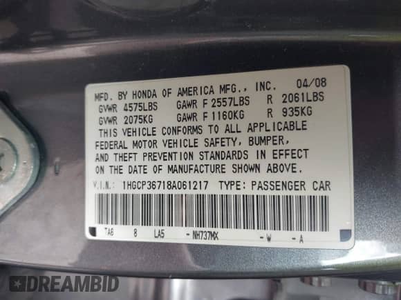 2008 Honda Accord EX z VIN 1HGCP36718A061217, wystawiony jako IAAI lot #43278101 z przebiegiem 189 926 mil mil oraz . Historia ofert i sprzedaży dostępna na DreamBid. Obrazek 9.