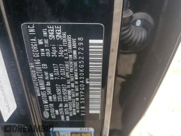 2019 Kia Sorento LX with VIN 5XYPGDA30KG527298, listed as a Copart auction lot 68010595 with 50,777 mi miles and Salvage title. Bid and sale history available at DreamBid. Image 13.