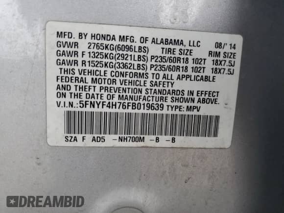 2015 Honda Pilot EX-L with VIN 5FNYF4H76FB019639, listed as a Copart auction lot 81185055 with 189,890 mi miles and Salvage title. Bid and sale history available at DreamBid. Image 13.