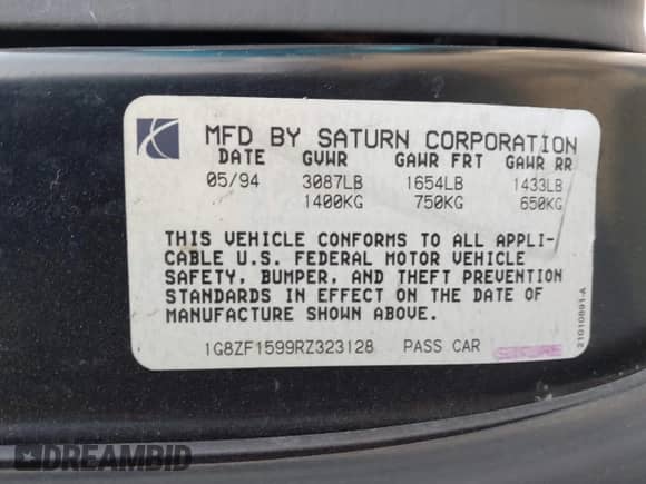 1994 Saturn SC with VIN 1G8ZF1599RZ323128, listed as a IAAI auction lot 42395058 with 117,229 mi miles and . Bid and sale history available at DreamBid. Image 9.