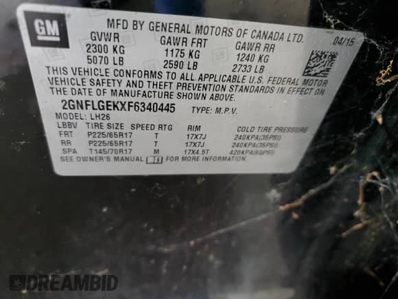 2015 Chevrolet Equinox LT with VIN 2GNFLGEKXF6340445, listed as a Copart auction lot 82469095 with Not provided miles and Clean title. Bid and sale history available at DreamBid. Image 13.