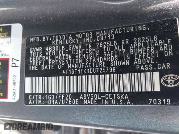 2013 Toyota Camry L with VIN 4T1BF1FK1DU725798, listed as a IAAI auction lot 43141168 with 154,684 mi miles and . Bid and sale history available at DreamBid. Image 9.