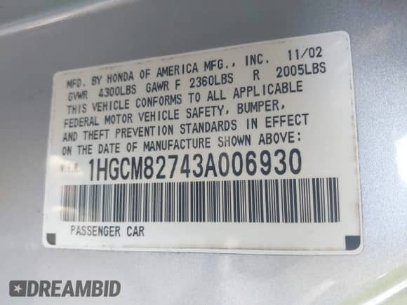 2003 Honda Accord EX с VIN 1HGCM82743A006930, выставлен на аукционе IAAI как лот 41767776 с пробегом 218 437 миль миль и . История ставок и продаж доступна на DreamBid. Изображение 9.