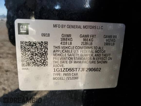 2018 Chevrolet Malibu LT z VIN 1G1ZD5ST7JF290602, wystawiony jako Copart lot #87124895 z przebiegiem Nie podano mil oraz Szkoda całkowita • Salvage title. Historia ofert i sprzedaży dostępna na DreamBid. Obrazek 12.