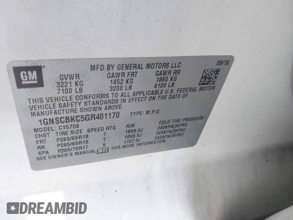 2016 Chevrolet Tahoe LT z VIN 1GNSCBKC5GR481170, wystawiony jako IAAI lot #42660195 z przebiegiem 132 752 mil mil oraz . Historia ofert i sprzedaży dostępna na DreamBid. Obrazek 9.
