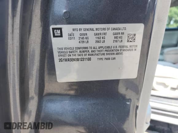 2011 Chevrolet Impala LS Retail с VIN 2G1WA5EK8B1231100, выставлен на аукционе Copart как лот 68268455 с пробегом 189 973 миль миль и Списание • Salvage title. История ставок и продаж доступна на DreamBid. Изображение 12.