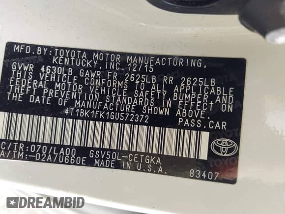 2016 Toyota Camry XLE with VIN 4T1BK1FK1GU572372, listed as a IAAI auction lot 43356237 with 56,483 mi miles and . Bid and sale history available at DreamBid. Image 9.