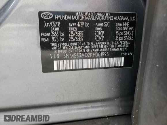 2019 Hyundai Santa Fe SEL with VIN 5NMS33AD2KH001995, listed as a Copart auction lot 85122955 with 100,389 mi miles and Salvage title. Bid and sale history available at DreamBid. Image 13.