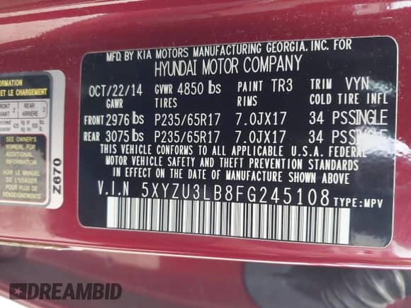 2015 Hyundai Santa Fe с VIN 5XYZU3LB8FG245108, выставлен на аукционе IAAI как лот 43286779 с пробегом 91 433 миль миль и . История ставок и продаж доступна на DreamBid. Изображение 9.