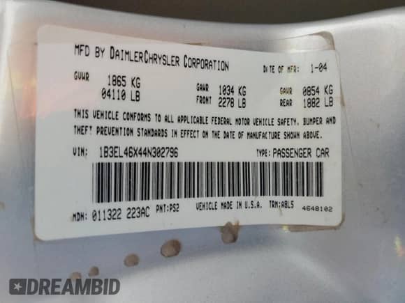 2004 Dodge Stratus SXT with VIN 1B3EL46X44N302796, listed as a Copart auction lot 71885804 with 293,436 mi miles and Clean title. Bid and sale history available at DreamBid. Image 12.