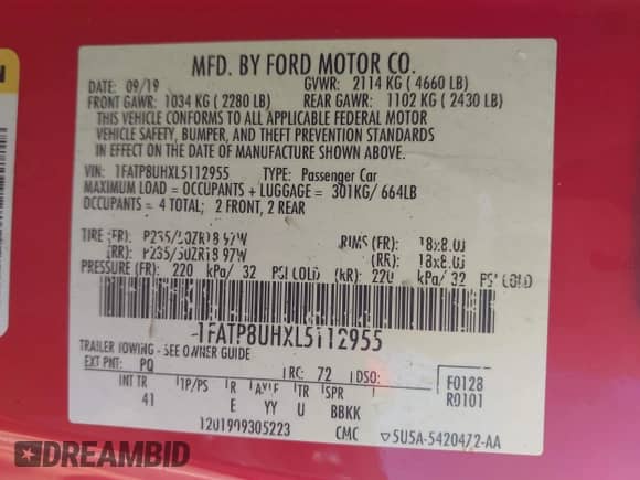 2020 Ford Mustang EcoBoost Premium with VIN 1FATP8UHXL5112955, listed as a IAAI auction lot 43256893 with 71,824 mi miles and . Bid and sale history available at DreamBid. Image 9.