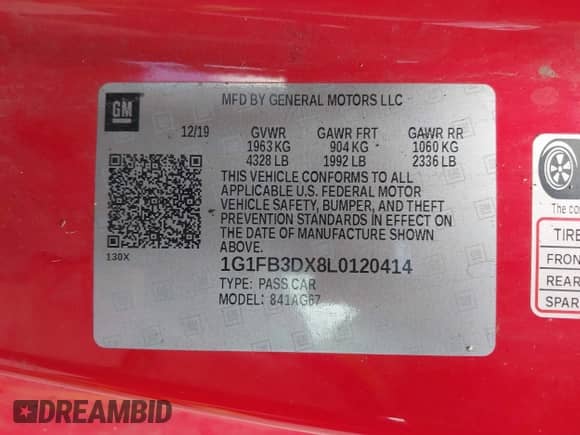 2020 Chevrolet Camaro 1LT с VIN 1G1FB3DX8L0120414, выставлен на аукционе IAAI как лот 43112138 с пробегом Не указан миль и . История ставок и продаж доступна на DreamBid. Изображение 9.