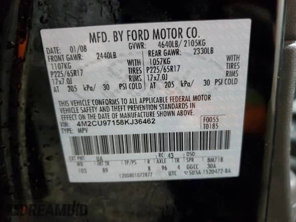 2008 Mercury Mariner Premier with VIN 4M2CU97158KJ36462, listed as a Copart auction lot 85297144 with 187,819 mi miles and Salvage title. Bid and sale history available at DreamBid. Image 13.