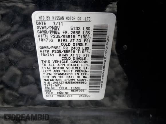 2011 Nissan Murano S с VIN JN8AZ1MU5BW066982, выставлен на аукционе Copart как лот 58265035 с пробегом 95 620 миль миль и Списание • Salvage title. История ставок и продаж доступна на DreamBid. Изображение 14.