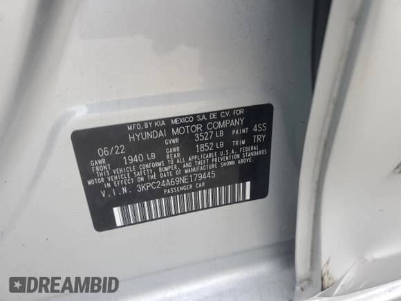 2022 Hyundai Accent SE с VIN 3KPC24A69NE179445, выставлен на аукционе Copart как лот 84881285 с пробегом 38 778 миль миль и На запчасти • Non repairable. История ставок и продаж доступна на DreamBid. Изображение 12.