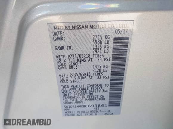 2017 Nissan Pathfinder SL with VIN 5N1DR2MMXHC693861, listed as a IAAI auction lot 43226928 with 98,715 mi miles and . Bid and sale history available at DreamBid. Image 9.