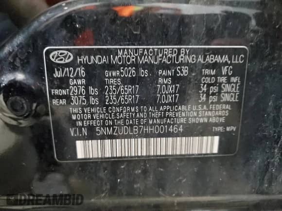 2017 Hyundai Santa Fe 2.4L z VIN 5NMZUDLB7HH001464, wystawiony jako Copart lot #82045805 z przebiegiem 118 615 mil mil oraz Szkoda całkowita • Salvage title. Historia ofert i sprzedaży dostępna na DreamBid. Obrazek 13.