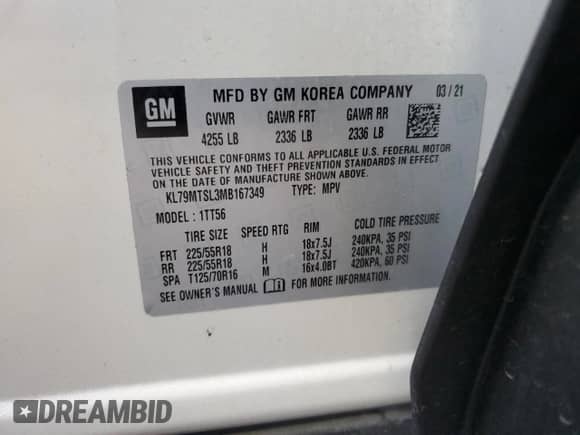 2021 Chevrolet TrailBlazer RS with VIN KL79MTSL3MB167349, listed as a Copart auction lot 71475055 with 49,878 mi miles and Salvage title. Bid and sale history available at DreamBid. Image 12.