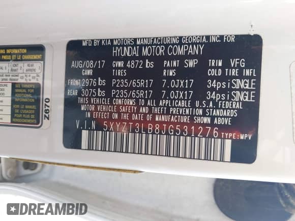 2018 Hyundai Santa Fe 2.4L with VIN 5XYZT3LB8JG531276, listed as a IAAI auction lot 43236520 with 106,259 mi miles and . Bid and sale history available at DreamBid. Image 9.