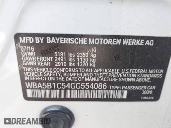 2016 BMW 5 Series 535i with VIN WBA5B1C54GG554086, listed as a IAAI auction lot 42910383 with 107,203 mi miles and . Bid and sale history available at DreamBid. Image 9.