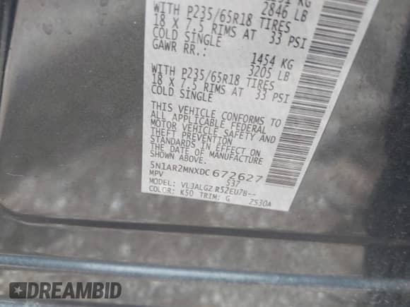 2013 Nissan Pathfinder S z VIN 5N1AR2MNXDC672627, wystawiony jako IAAI lot #42854748 z przebiegiem 142 901 mil mil oraz . Historia ofert i sprzedaży dostępna na DreamBid. Obrazek 9.