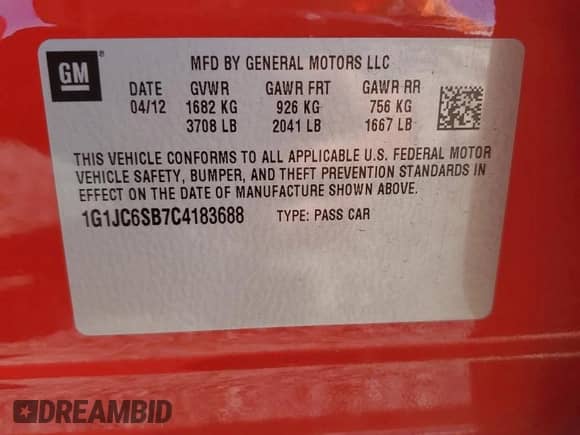 2012 Chevrolet Sonic LT с VIN 1G1JC6SB7C4183688, выставлен на аукционе Copart как лот 43020715 с пробегом 55 144 миль миль и Списание • Salvage title. История ставок и продаж доступна на DreamBid. Изображение 13.