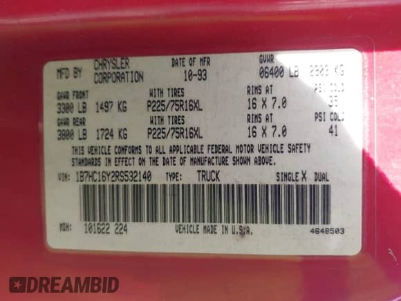 1994 Dodge 1500 z VIN 1B7HC16Y2RS532140, wystawiony jako IAAI lot #42542432 z przebiegiem 203 948 mil mil oraz . Historia ofert i sprzedaży dostępna na DreamBid. Obrazek 9.