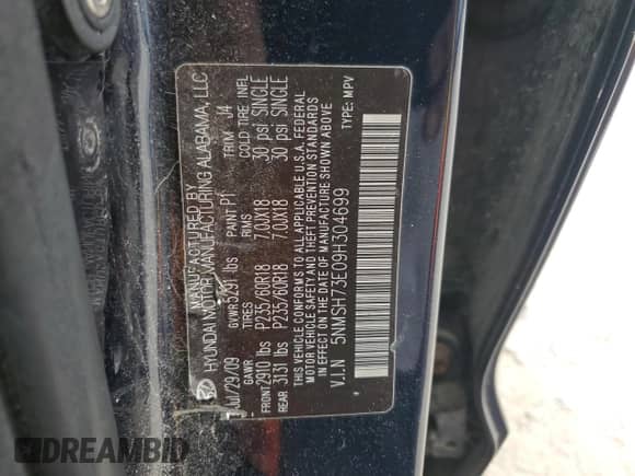 2009 Hyundai Santa Fe Limited z VIN 5NMSH73E09H304699, wystawiony jako Copart lot #70249855 z przebiegiem 186 300 mil mil oraz Czysty tytuł • Clean title. Historia ofert i sprzedaży dostępna na DreamBid. Obrazek 13.