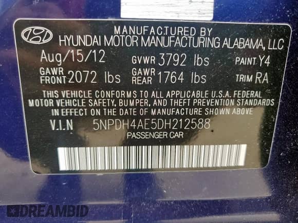 2013 Hyundai Elantra Limited with VIN 5NPDH4AE5DH212588, listed as a Copart auction lot 59755655 with 118,314 mi miles and Clean title. Bid and sale history available at DreamBid. Image 13.