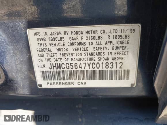 2000 Honda Accord LX z VIN JHMCG5647YC018312, wystawiony jako IAAI lot #42467199 z przebiegiem 322 417 mil mil oraz . Historia ofert i sprzedaży dostępna na DreamBid. Obrazek 9.
