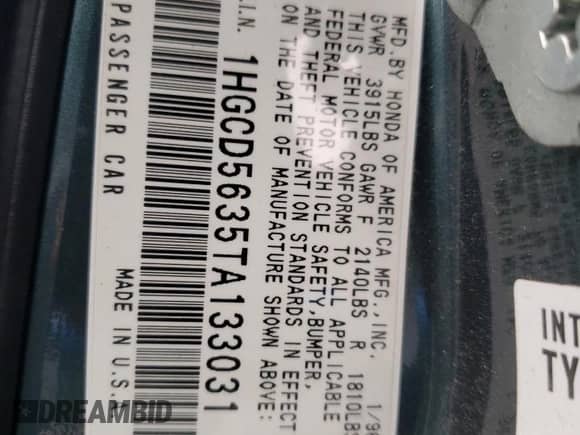 1996 Honda Accord LX с VIN 1HGCD5635TA133031, выставлен на аукционе Copart как лот 54159355 с пробегом 107 164 миль миль и На запчасти • Non repairable. История ставок и продаж доступна на DreamBid. Изображение 12.