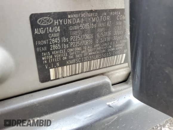 2005 Hyundai Santa Fe GLS с VIN KM8SC13D35U855615, выставлен на аукционе Copart как лот 74229614 с пробегом Не указан миль и На запчасти • Non repairable. История ставок и продаж доступна на DreamBid. Изображение 15.