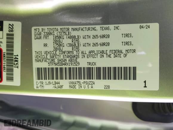 2024 Toyota Tundra 1794 Edition with VIN 5TFMA5DB4RX191529, listed as a IAAI auction lot 42123883 with 22,098 mi miles and . Bid and sale history available at DreamBid. Image 9.