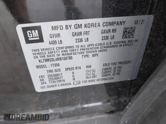 2021 Chevrolet TrailBlazer ACTIV with VIN KL79MSSL4MB168780, listed as a IAAI auction lot 42534442 with 112,796 mi miles and . Bid and sale history available at DreamBid. Image 9.