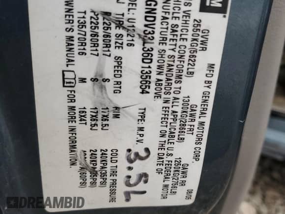 2006 Chevrolet Uplander 1LT z VIN 1GNDV33L36D135654, wystawiony jako Copart lot #44920835 z przebiegiem 279 020 mil mil oraz Szkoda całkowita • Salvage title. Historia ofert i sprzedaży dostępna na DreamBid. Obrazek 16.