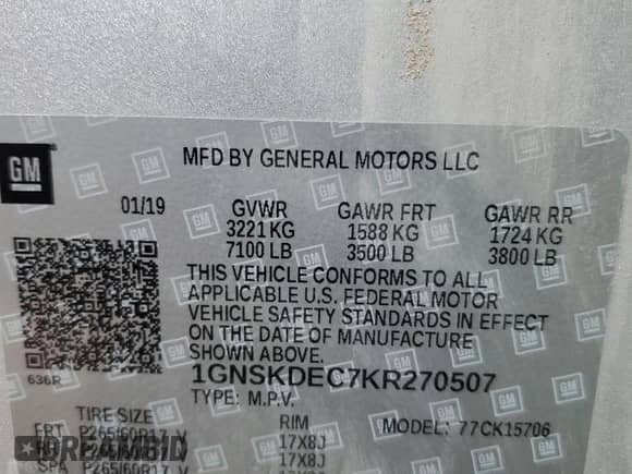 2019 Chevrolet Tahoe Commercial с VIN 1GNSKDEC7KR270507, выставлен на аукционе Copart как лот 50102615 с пробегом 70 110 миль миль и Списание • Salvage title. История ставок и продаж доступна на DreamBid. Изображение 14.