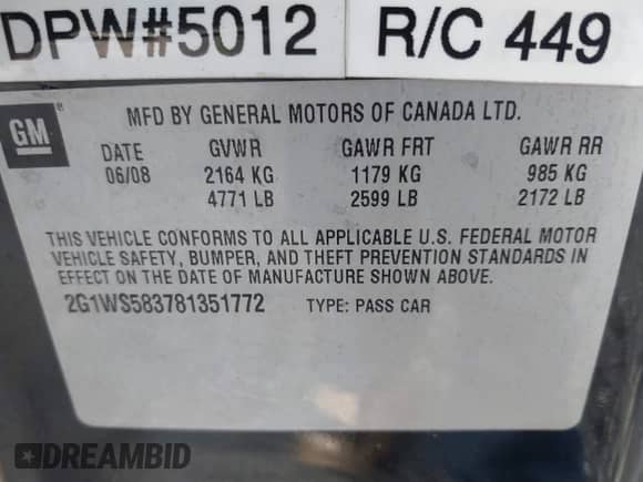 2008 Chevrolet Impala z VIN 2G1WS583781351772, wystawiony jako IAAI lot #41442499 z przebiegiem 163 640 mil mil oraz . Historia ofert i sprzedaży dostępna na DreamBid. Obrazek 9.