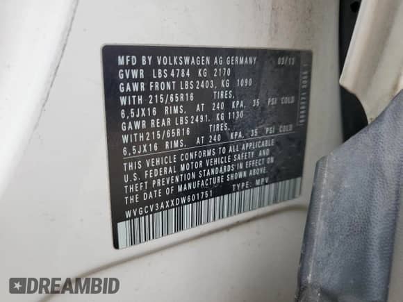 2013 Volkswagen Tiguan with VIN WVGCV3AXXDW601751, listed as a Copart auction lot 57767555 with 98,425 mi miles and Salvage title. Bid and sale history available at DreamBid. Image 13.