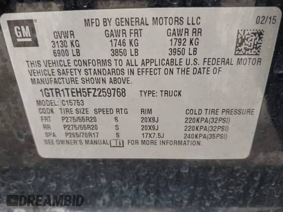 2015 GMC Sierra 1500 with VIN 1GTR1TEH5FZ259768, listed as a IAAI auction lot 42625289 with 138,348 mi miles and . Bid and sale history available at DreamBid. Image 9.