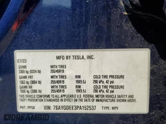 2023 Tesla Model Y Long Range with VIN 7SAYGDEE3PA152537, listed as a Copart auction lot 64859715 with Not provided miles and Salvage title. Bid and sale history available at DreamBid. Image 13.