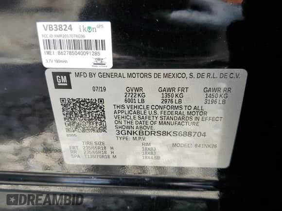 2019 Chevrolet Blazer with VIN 3GNKBDRS8KS688704, listed as a Copart auction lot 61192615 with 61,773 mi miles and Salvage title. Bid and sale history available at DreamBid. Image 13.